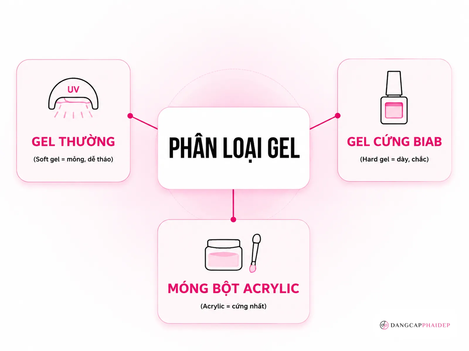 Infographic phân loại gel móng thường gel cứng BIAB và móng bột acrylic