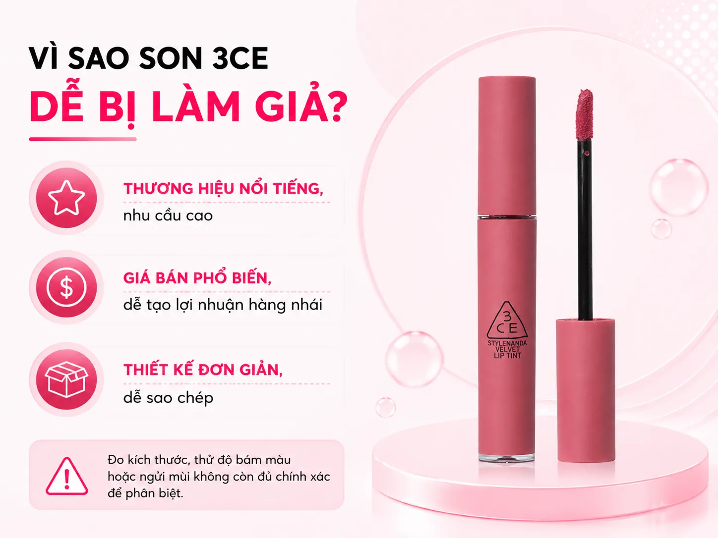 Infographic lý do son 3CE bị làm giả và hạn chế của mẹo nhận diện cũ