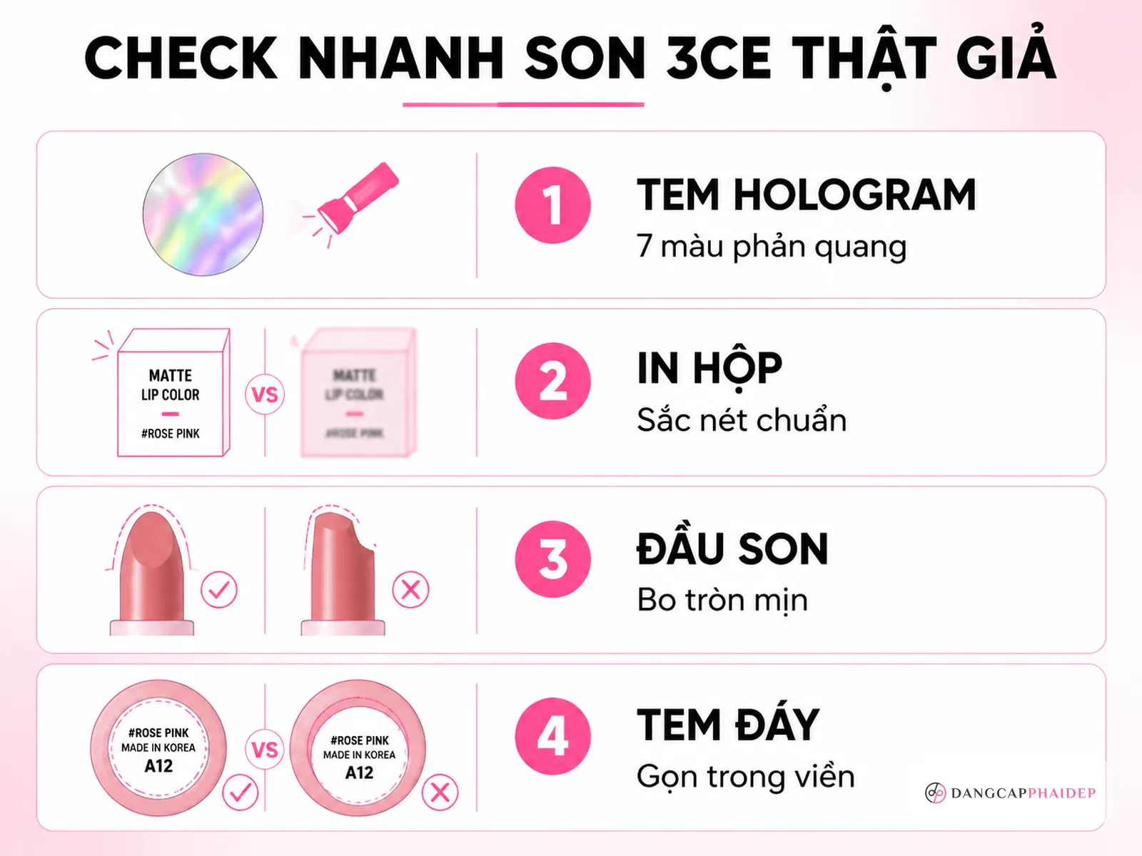 Checklist 5 điểm nhận diện son 3CE thật/giả bằng mắt thường