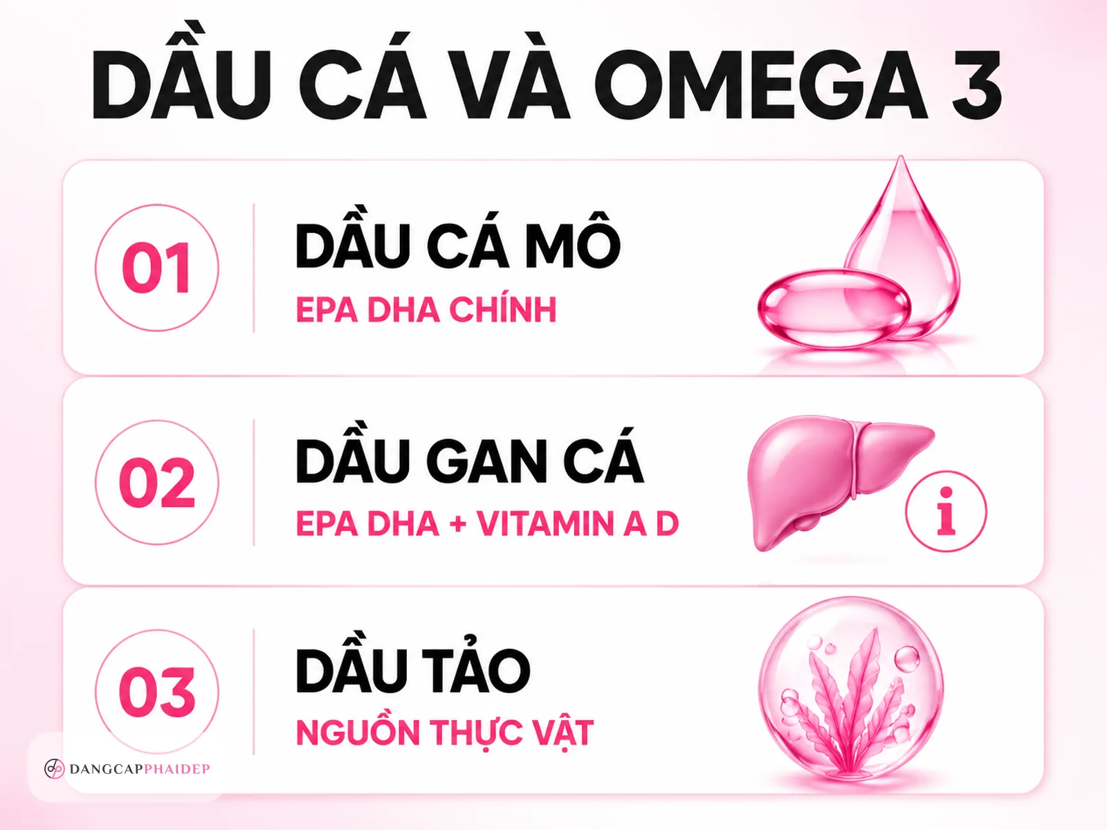 Infographic phân biệt dầu cá mô, dầu gan cá và dầu tảo chứa omega 3