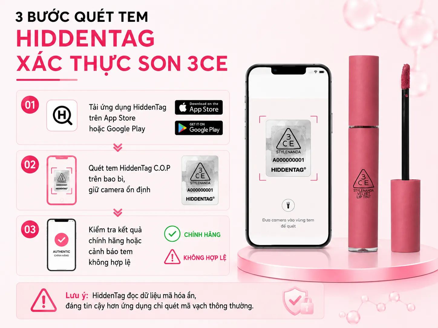 infographic 3 bước quét tem HiddenTag xác thực son 3CE chính hãng