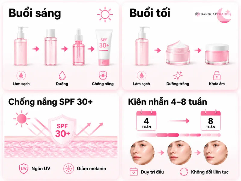 Infographic hướng dẫn dùng kem dưỡng trắng đúng cách sáng tối, chống nắng SPF và thời gian 4–8 tuần