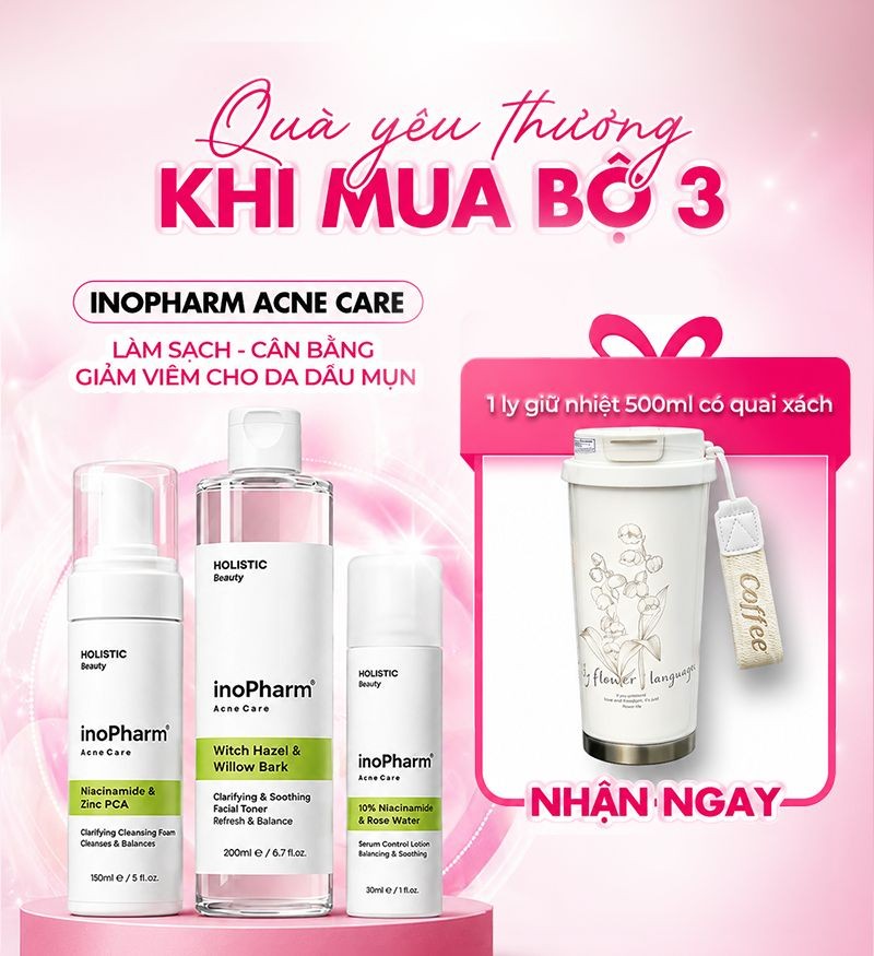 Bộ 3 sản phẩm làm sạch, cân bằng & giảm viêm dành cho da dầu mụn Inopharm Acne Care