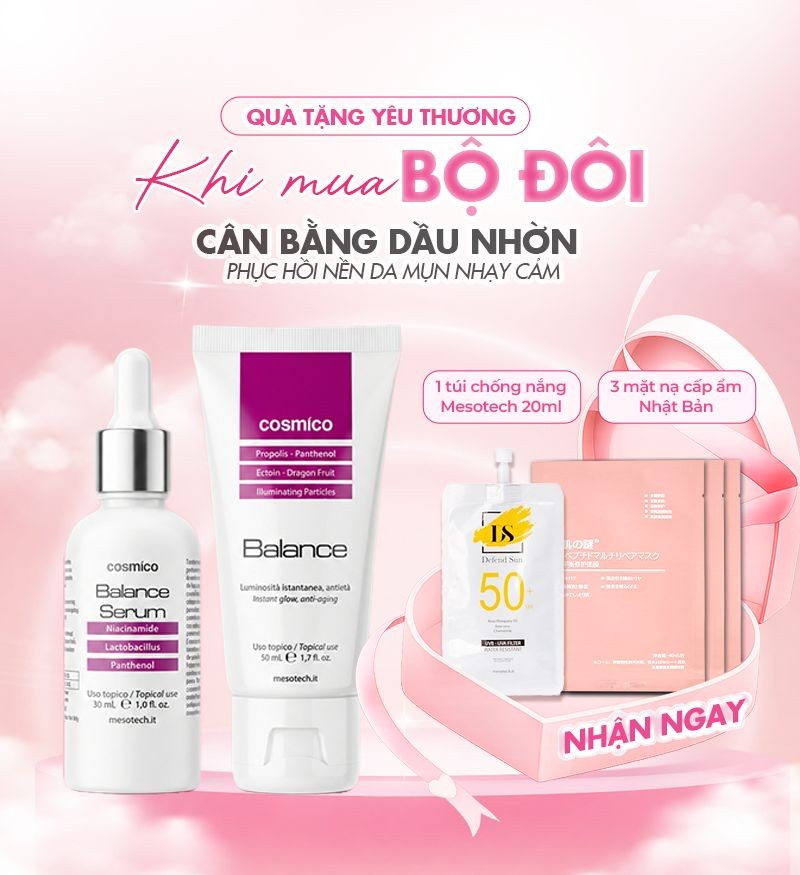 Combo cân bằng hệ vi sinh, phục hồi da dầu mụn & se khít lỗ chân lông Mesotech Balance Serum + Balance Cream