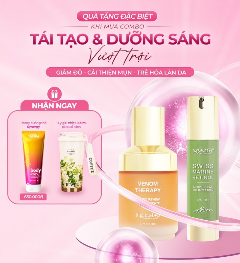 Combo giảm đỏ, cải thiện mụn, dưỡng da sáng trẻ toàn diện Agestop