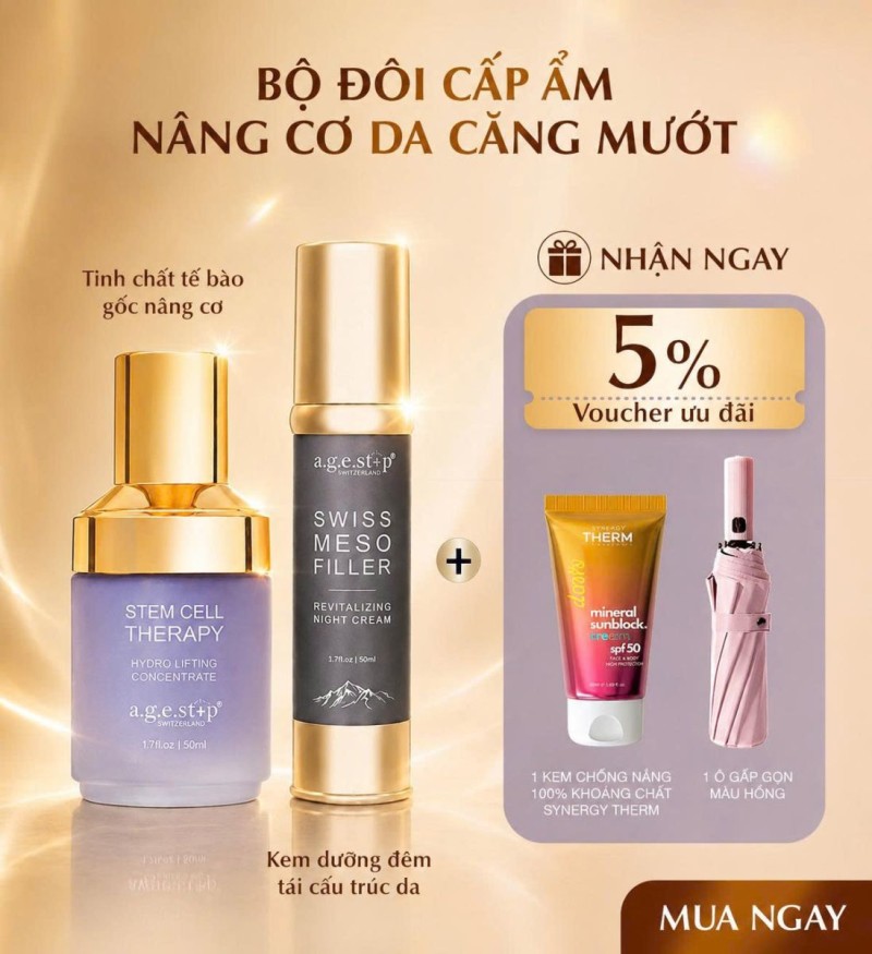 Combo trẻ hóa, nâng cơ và tái cấu trúc da chuyên sâu Agestop Meso Filler Night Cream & Stem Cell Therapy Concentrate
