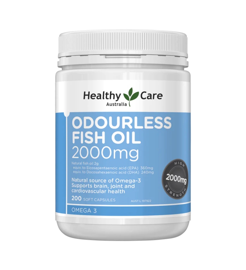 Viên uống dầu cá Healthy Care Odourless Fish Oil 2000mg tăng cường thị lực và sức khỏe tim mạch 200 viên