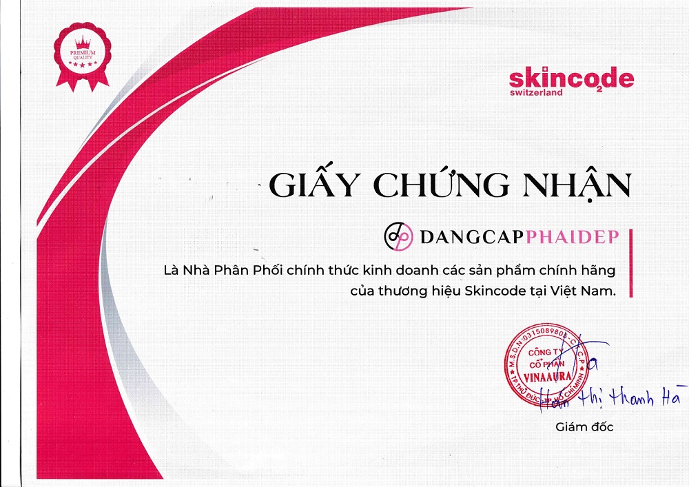 Giấy chứng nhận Đẳng Cấp Phái Đẹp là nhà phân phối các sản phẩm chính hãng của Skincode tại Việt Nam