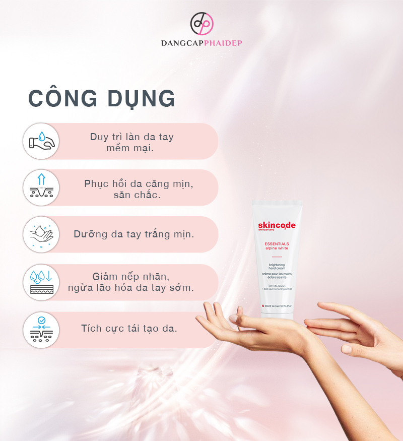 Skincode Brightening Hand Cream giúp đôi bàn tay bạn luôn phẳng mịn và sáng mượt mỗi ngày.