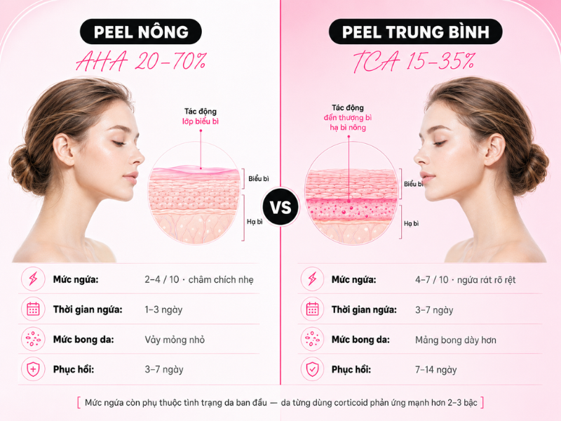 Ngứa do peel nông (AHA) khác gì peel trung bình (TCA)?